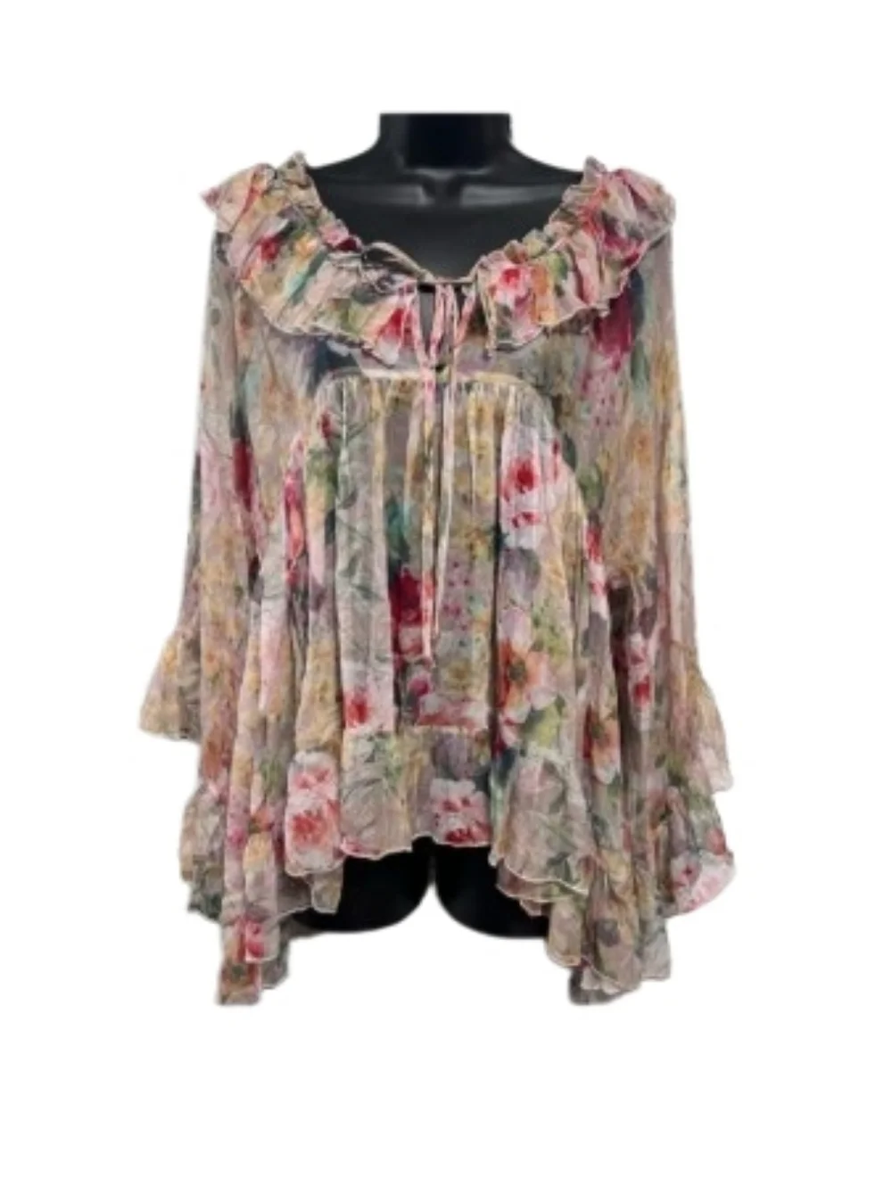 JOHNNY WAS Aria Silk Flowy Whimsigoth Semi-sheer Abstract Pastel Floral Blouse